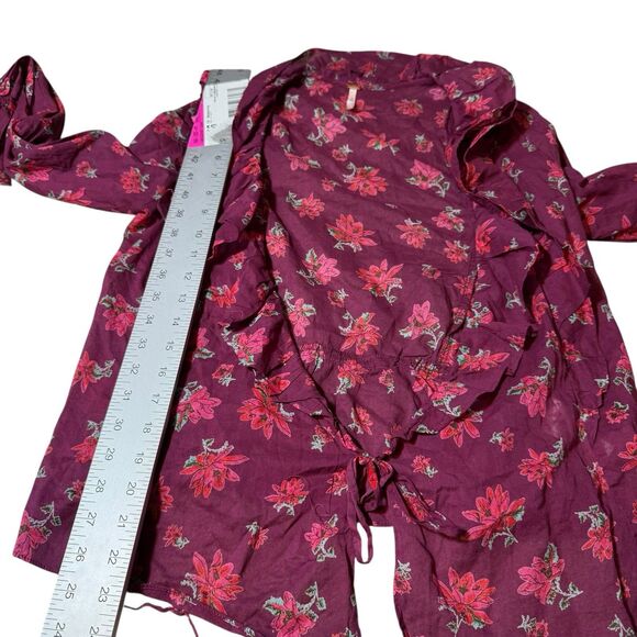 Free People Amanda Ruffle Wrap Top burgundy Floral size Small - Picture 6 of 9